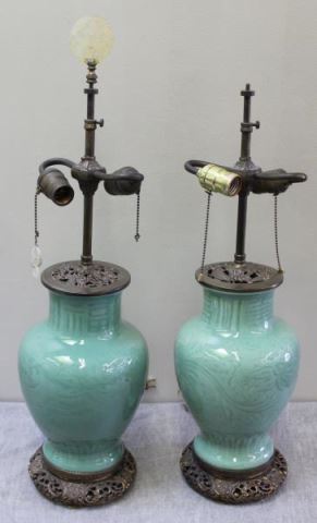 Appraisal: Pair of Vintage Asian Celadon Lamps With quality Asian bronze