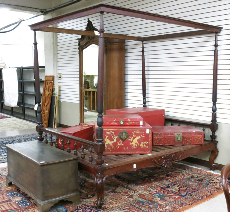 Appraisal: VICTORIAN CARVED MAHOGANY CANOPY BED Continental th century with four