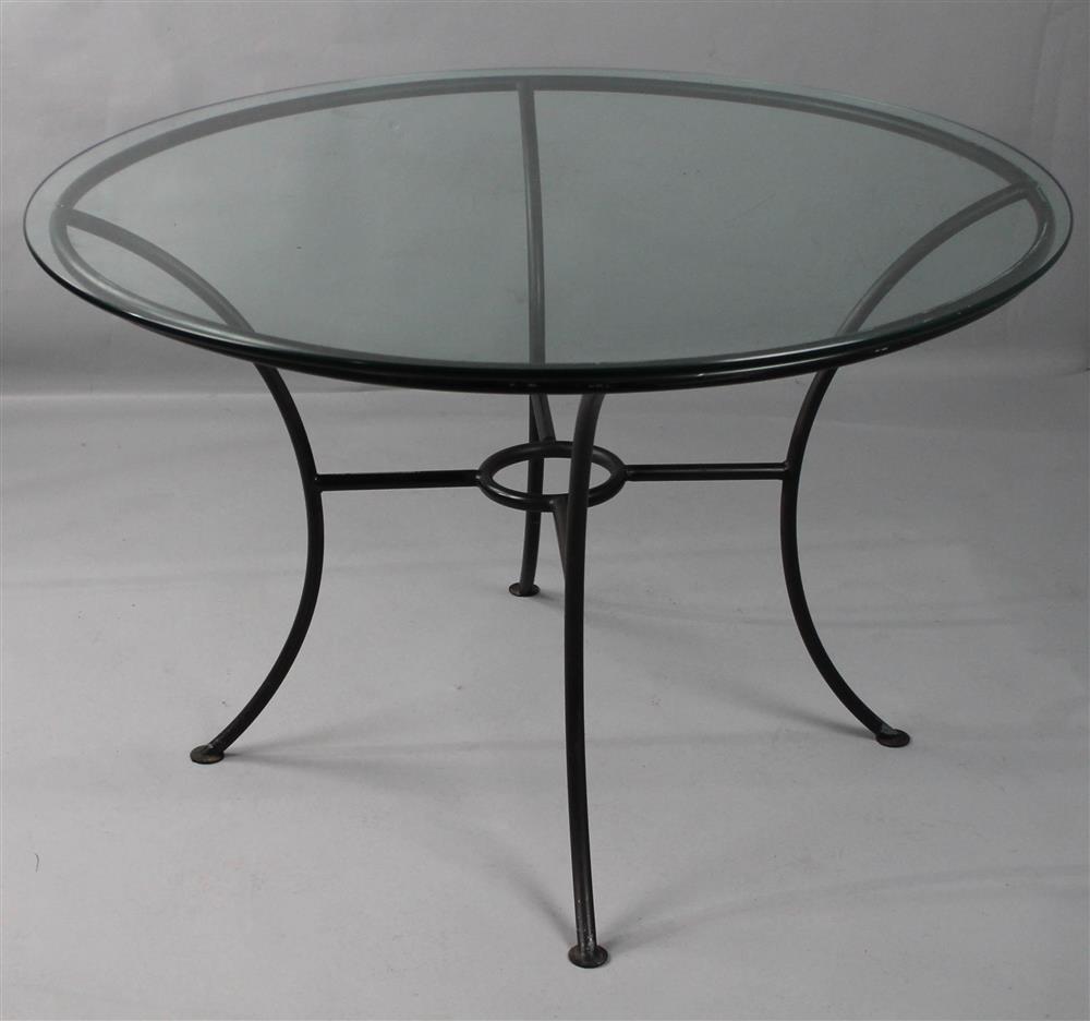 Appraisal: BLACK WROUGHT IRON CONTEMPORARY GARDEN DINING TABLE WITH CIRCULAR GLASS