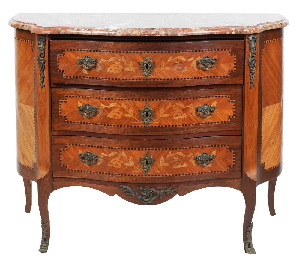 Appraisal: MARQUETRY MARBLE TOP INLAID CHEST OF DRAWERSwith three pullout drawers