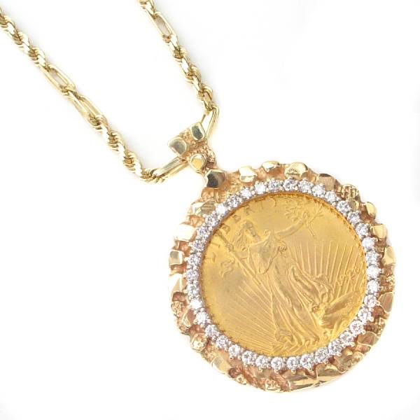 Appraisal: A diamond Walking Liberty gold coin and k gold bezel-pendant