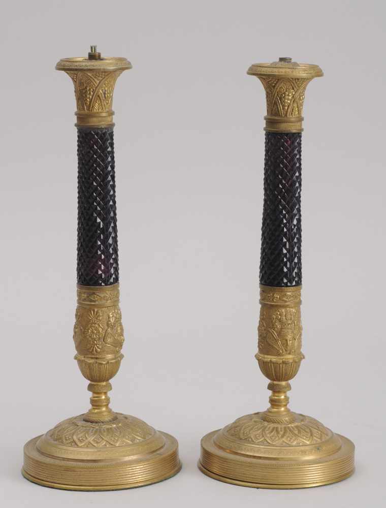 Appraisal: PAIR OF RUSSIAN GILT-BRONZE-MOUNTED AMETHYST CUT-GLASS CANDLESTICKS Circa Moscow each