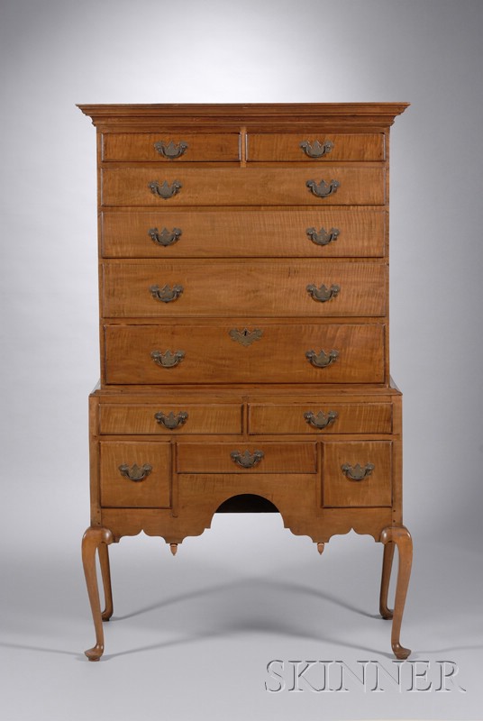 Appraisal: Queen Anne Tiger Maple Highboy in two parts ht wd