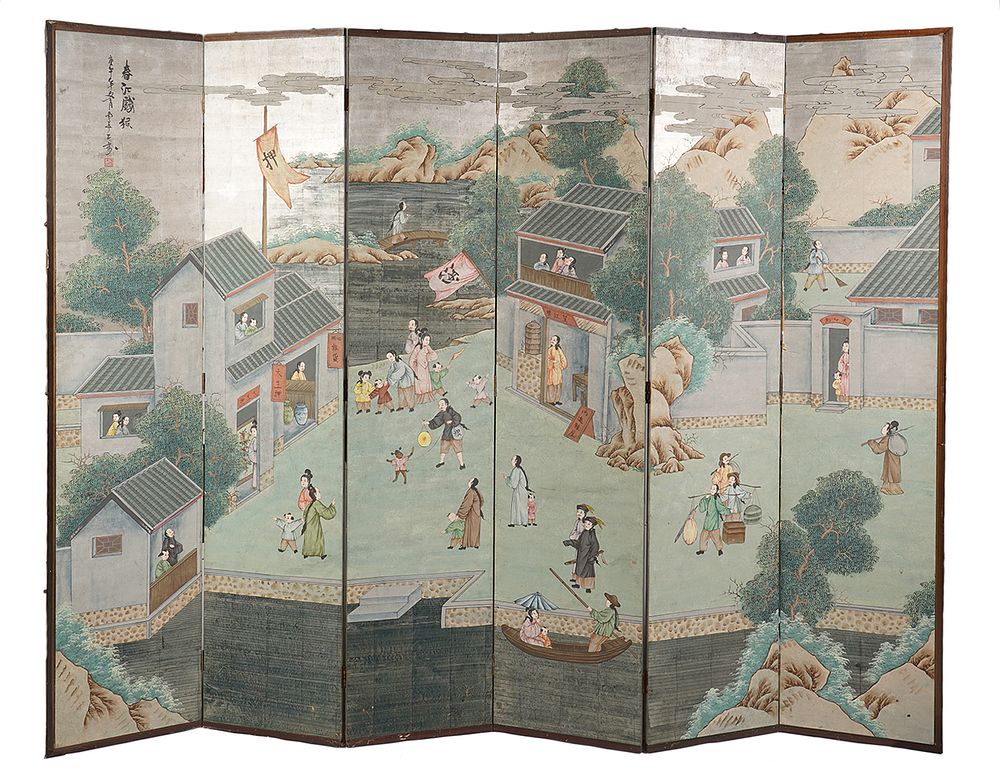 Appraisal: Panel Hand Painted Wallpaper Chinese Screen Hand painted on silk