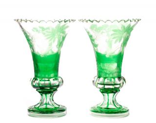 Appraisal: Fine Pair Moser Intaglio Cut Scenic Glass Vases Moser Bohemian