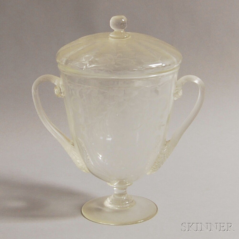 Appraisal: Etched Colorless Glass Covered Urn th century the bird and