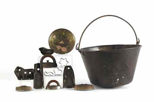 Appraisal: Large brass bucket mid th c together with miscellaneous cookie