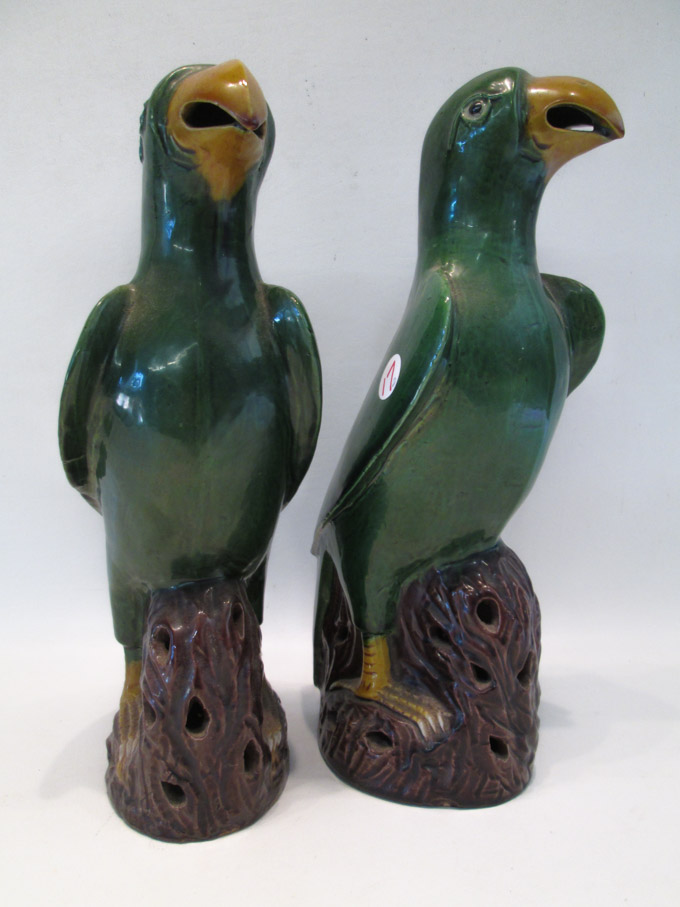 Appraisal: PAIR OF CHINESE PORCELAIN BIRDS with green glazed bodies each