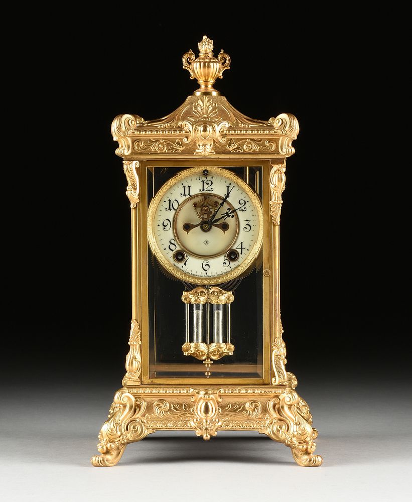 Appraisal: AN ANSONIA ROCOCO REVIVAL OPEN CASE GILT BRONZE CLOCK NEW