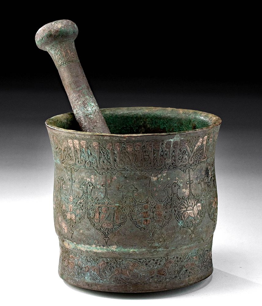 Appraisal: Seljuk Leaded Bronze Mortar Pestle w Silver Inlays Medieval Middle