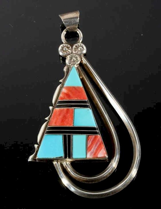 Appraisal: Signed Navajo Inlaid Multistone Sterling Pendant For bidding in this