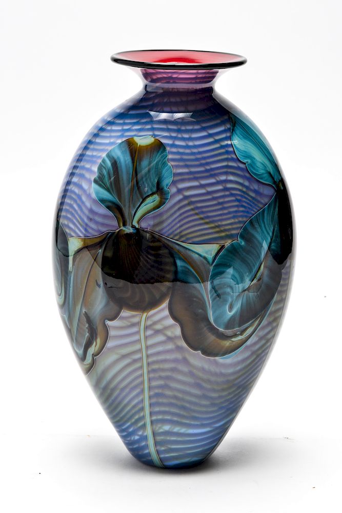 Appraisal: Richard Satava Blue Iris Art Glass Vase Signed Contemporary art