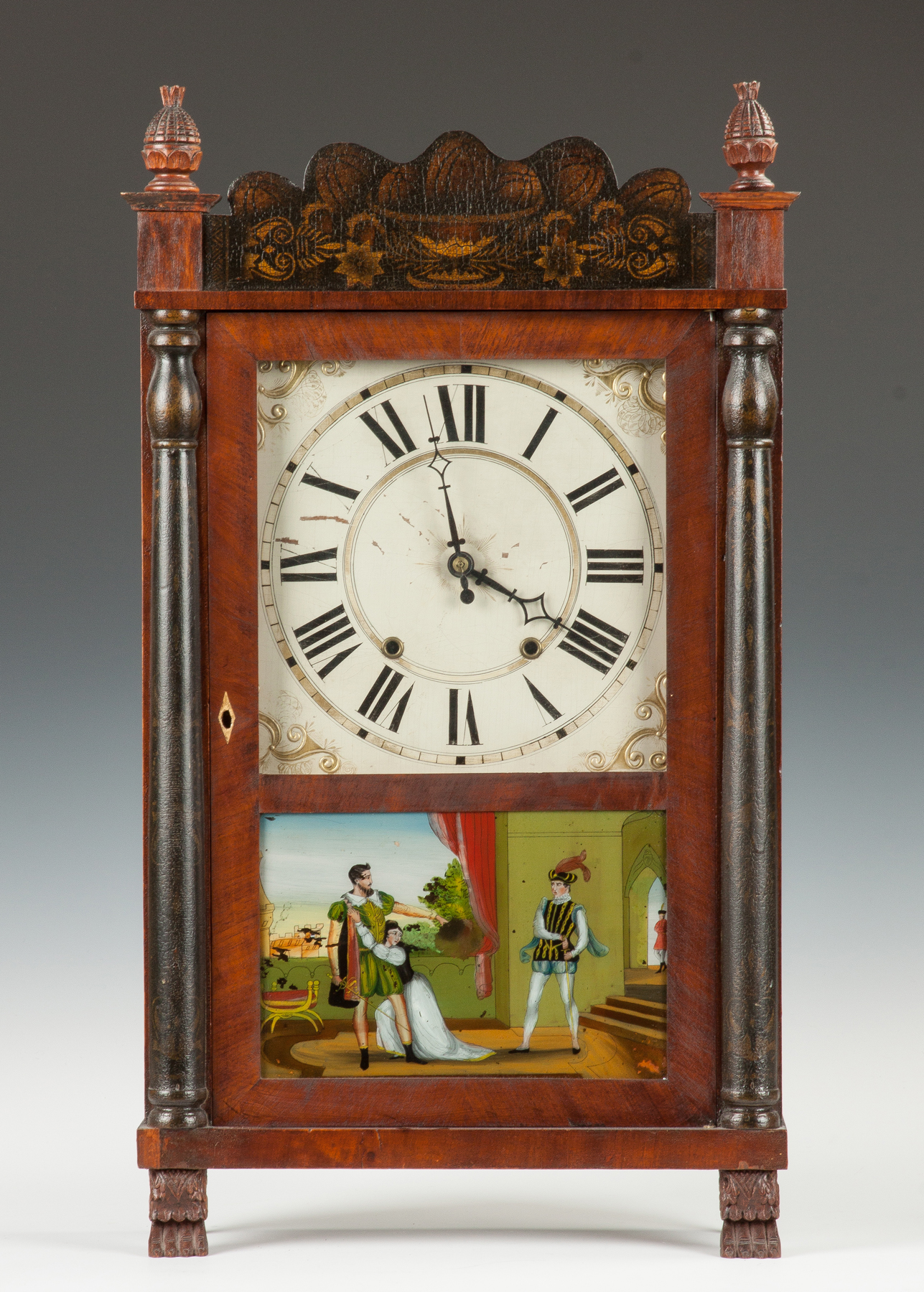 Appraisal: Riley Whiting Shelf Clock Mahogany case original stenciling carved pineapple