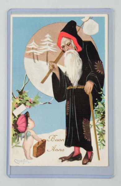 Appraisal: Chiostri Black Robed Santa Postcard Art Deco Santa with a