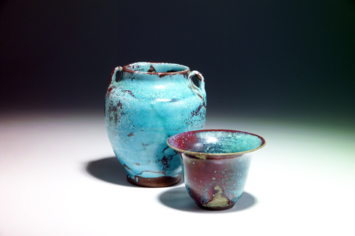 Appraisal: JUGTOWN Two vases covered in Chinese Blue mottled glaze one