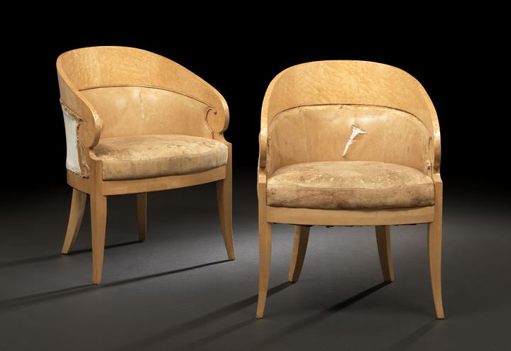 Appraisal: Pair of Art Deco Bird's-Eye Maple Tub Chairs early th