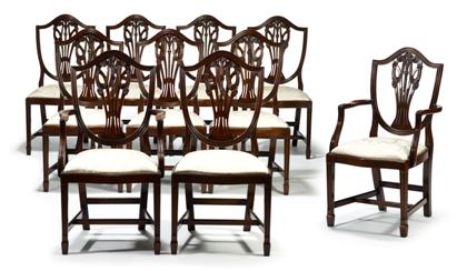 Appraisal: Set of ten Hepplewhite style mahogany dining chairs Comprising side