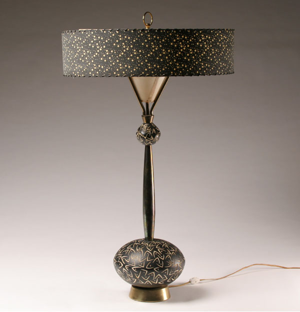 Appraisal: Fine Arts in Plaster vintage lamp brass stem laced fabric