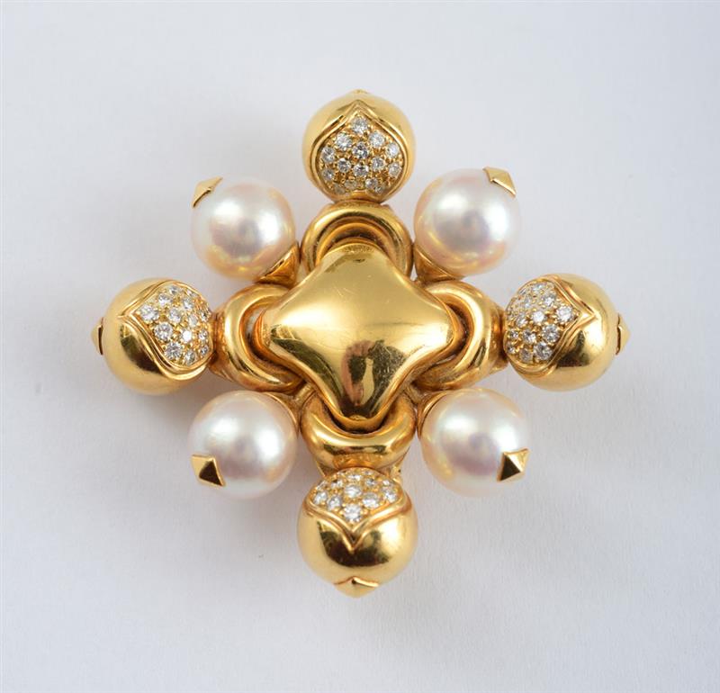 Appraisal: K GOLD DIAMOND AND CULTURED PEARL BROOCH BULGARI Quatrefoil brooch