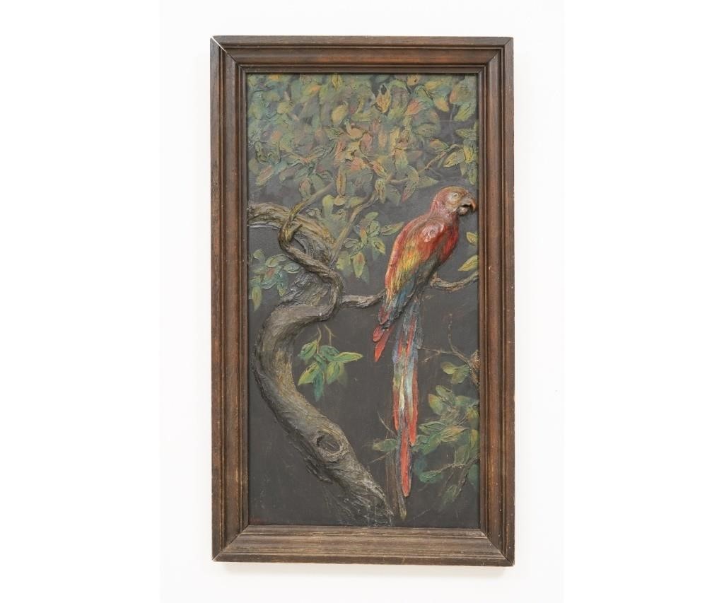 Appraisal: Large plaster relief on board of a colorful parrot in