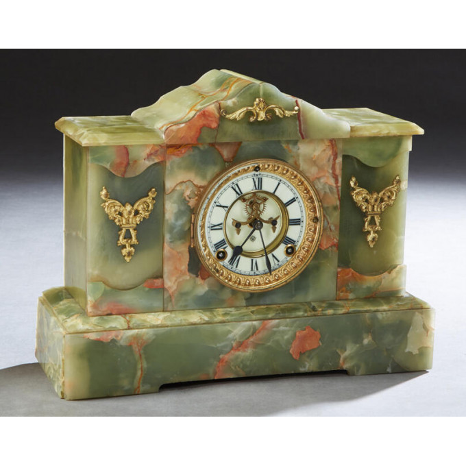 Appraisal: Ansonia Temple Form Open Escapement Green Onyx Mantle Clock early