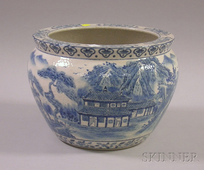 Appraisal: Blue and White Asian Pottery Jardiniere depicting a water and