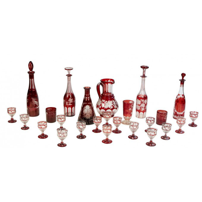 Appraisal: Group of Thirty Pieces Bohemian Cut-to-Clear Etched Ruby Glass Pieces