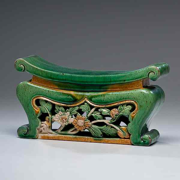 Appraisal: Sancai-Glazed Pillow Chinese a stoneware sancai-glazed pillow the green seat