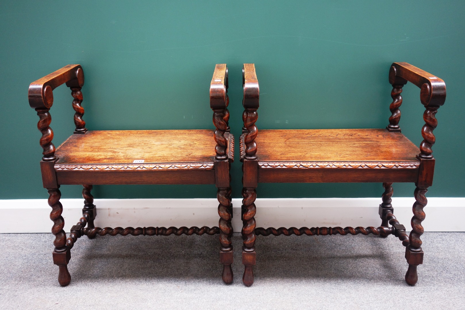 Appraisal: A pair of th century oak hall benches each with