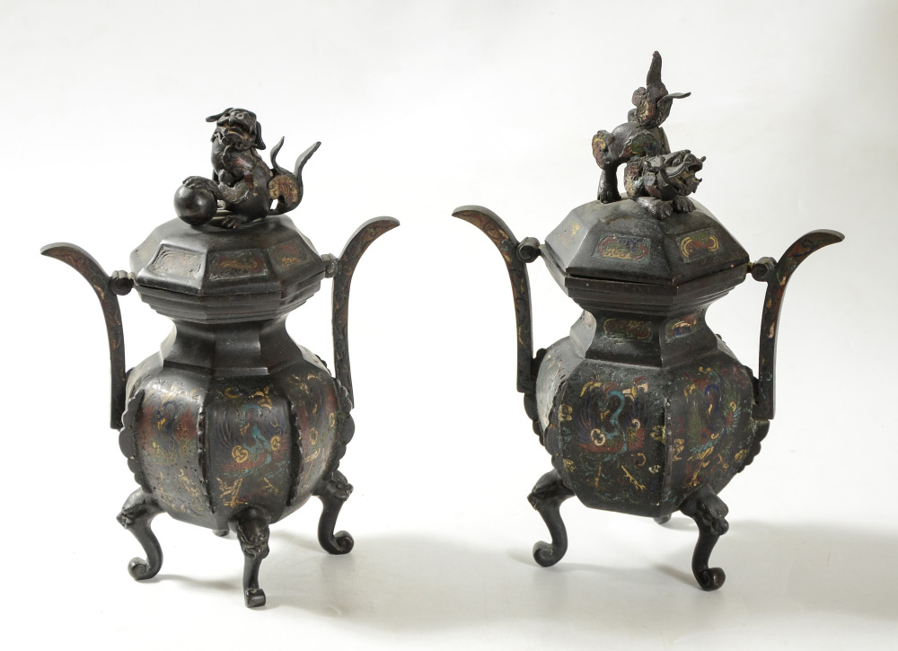 Appraisal: CHINESE CHAMPLEVE BRONZE COVERED URNS similar but not identical urns