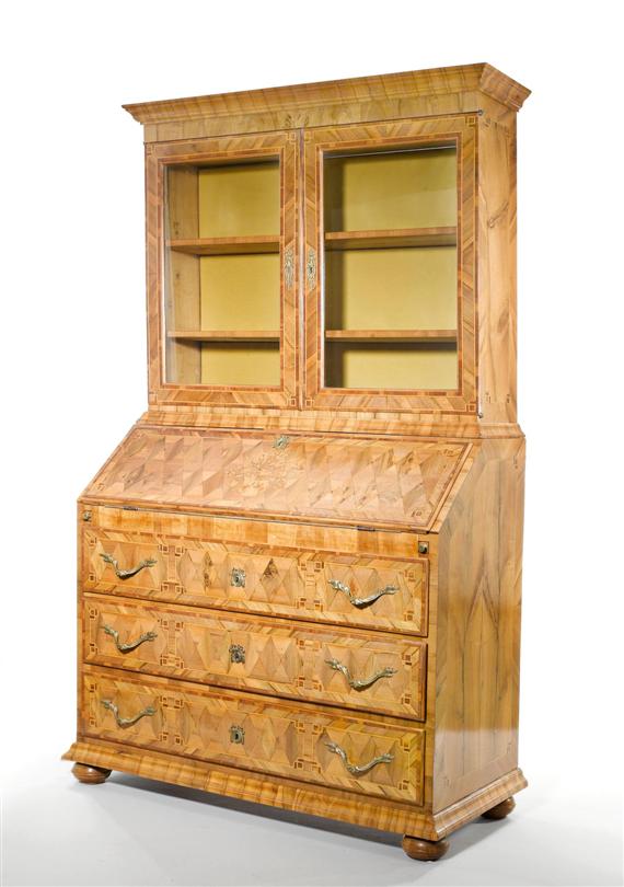 Appraisal: BUREAU-CABINET Germany circa Walnut burled walnut and fruitwood marquetry Later