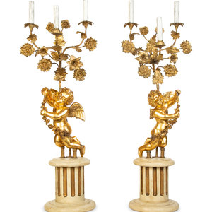 Appraisal: A Pair of Louis XVI Style Six-Light Giltwood Figural Candelabra