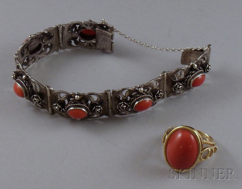 Appraisal: Peruzzi Sterling Silver and Coral Cabochon Bracelet and a Gold