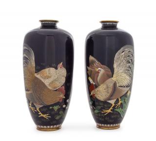 Appraisal: A Pair of Cloisonne Enamel Rooster Vases A Pair of