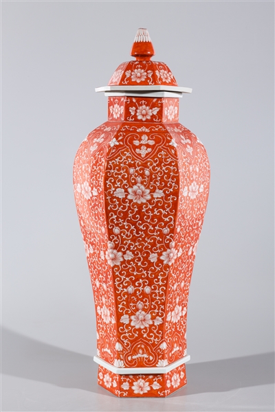 Appraisal: Tall Chinese red and white covered porcelain faceted vase with