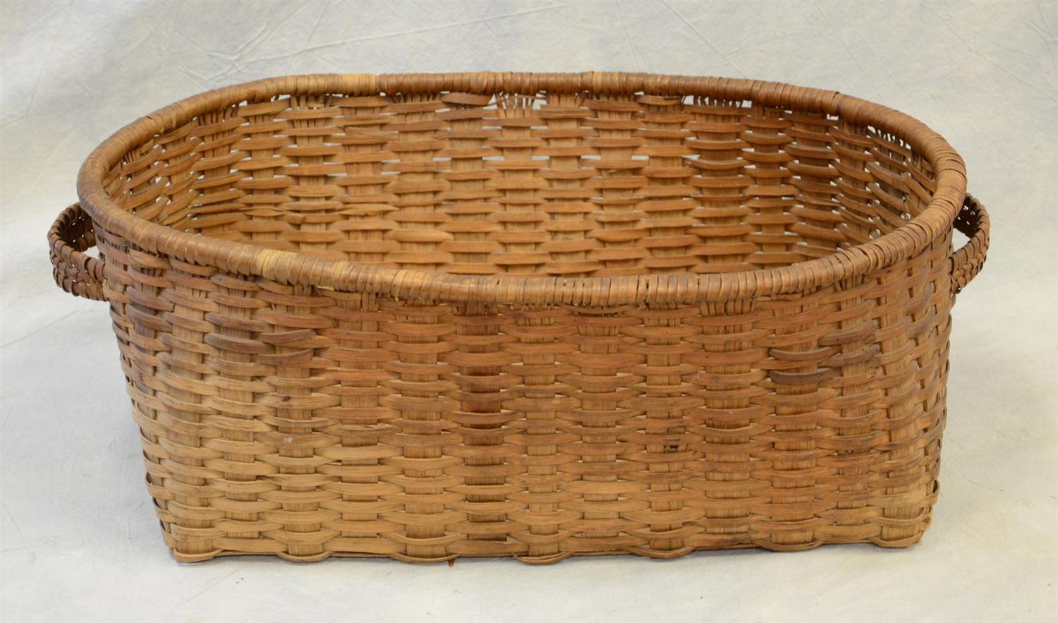 Appraisal: Oak splint gathering basket square bottom oval top wrapped rim