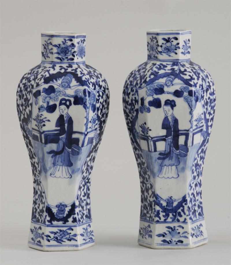 Appraisal: PAIR OF CHINESE EXPORT PORCELAIN BLUE AND WHITE HEXAGONAL VASES