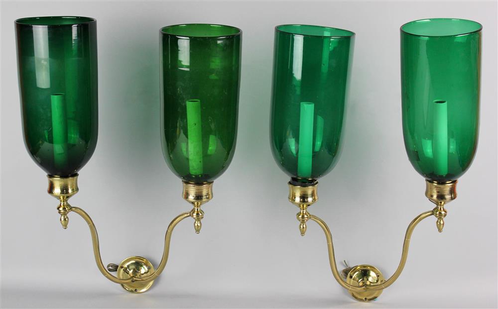 Appraisal: PAIR OF GEORGIAN STYLE BRASS TWO-LIGHT WALL SCONCES WITH GREEN