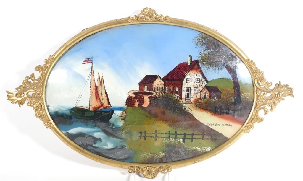 Appraisal: Oval reverse painted glass painting of Tiger Bay Florida some