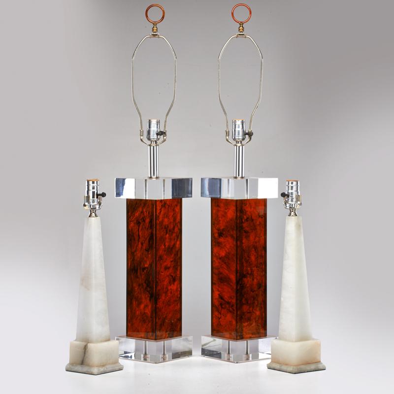 Appraisal: ITALIAN Two pair table lamps obelisk-shaped in alabaster columnar in