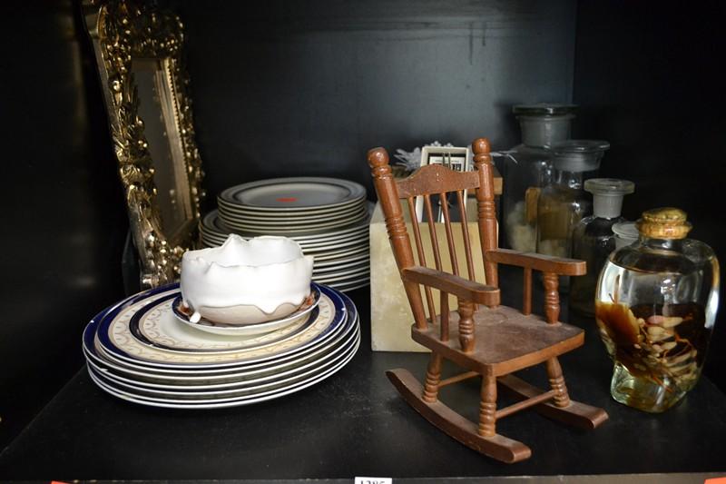 Appraisal: SHELF OF ASSORTED ITEMS INCL WEDGWOOD PLATES GLASS CANISTERS MARBLE