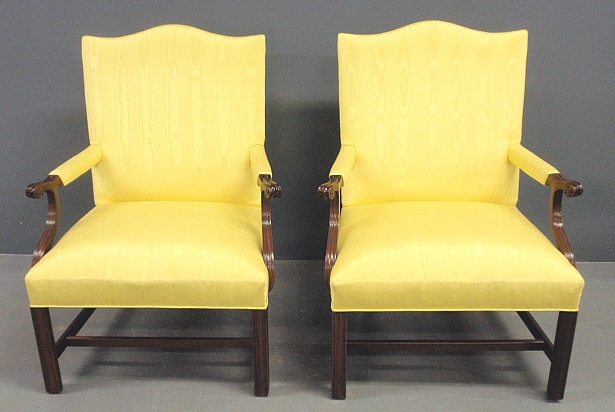 Appraisal: - Pair of Chippendale style mahogany open armchairs with yellow