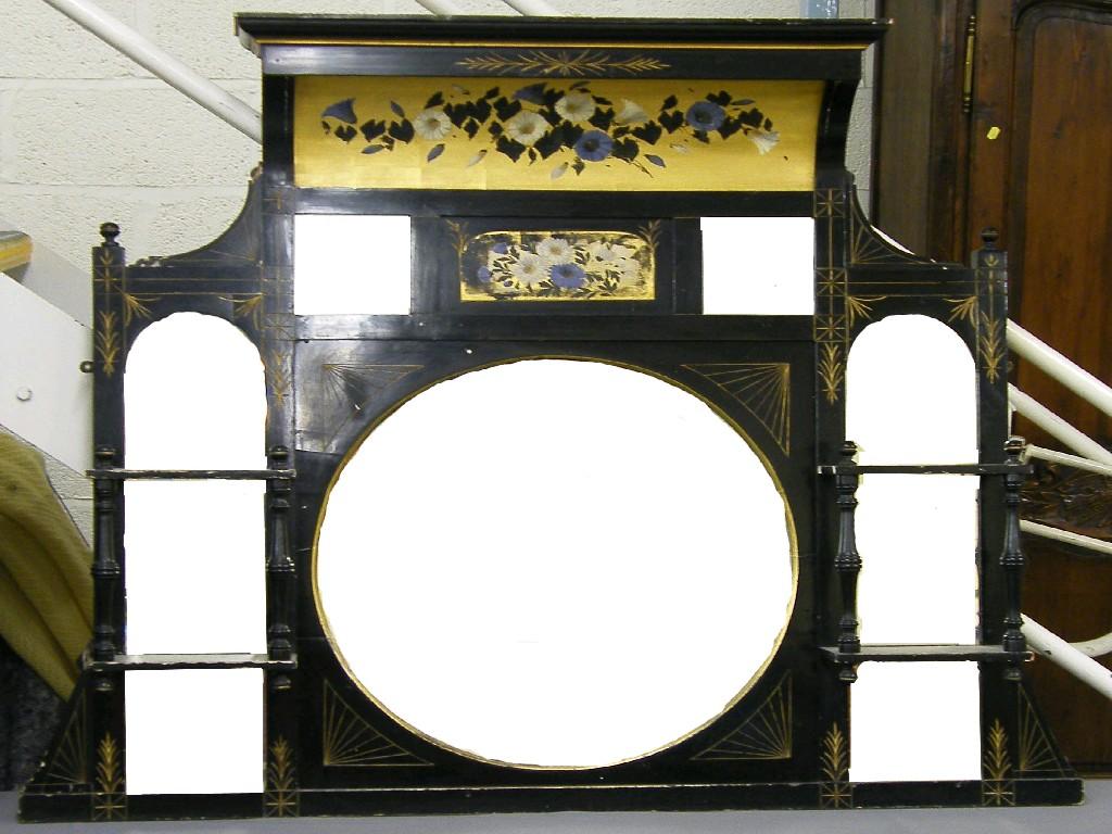 Appraisal: Aesthetic Movement ebonised overmantel mirror the moulded concave top painted