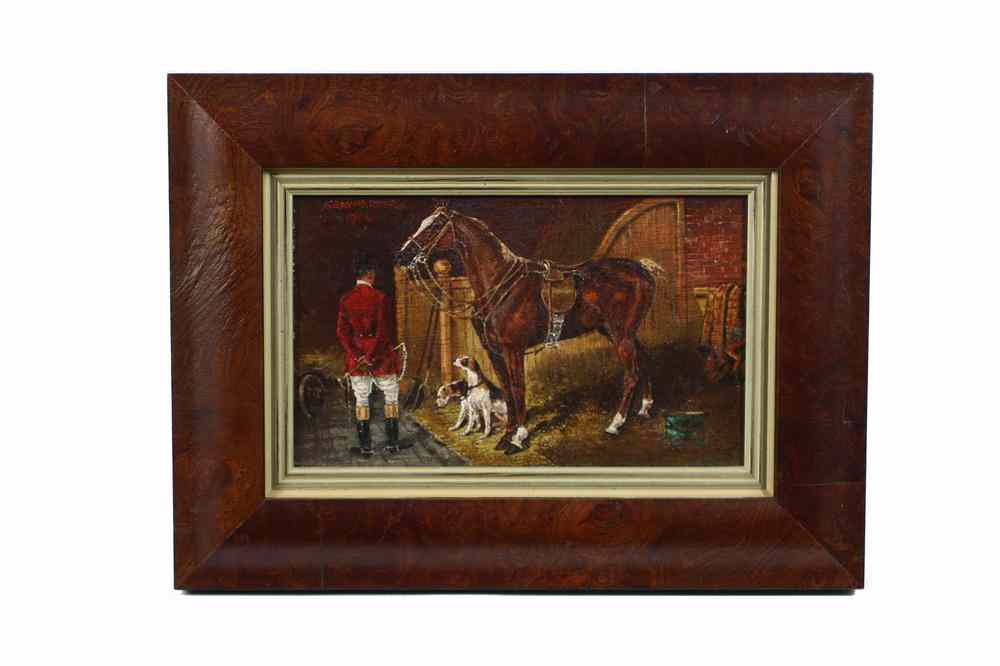 Appraisal: OIL ON CIGAR BOX LID - Fox Hunter with Mount