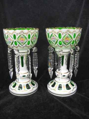 Appraisal: Pair of Emerald Cased Art Glass Lustres fine white overlay