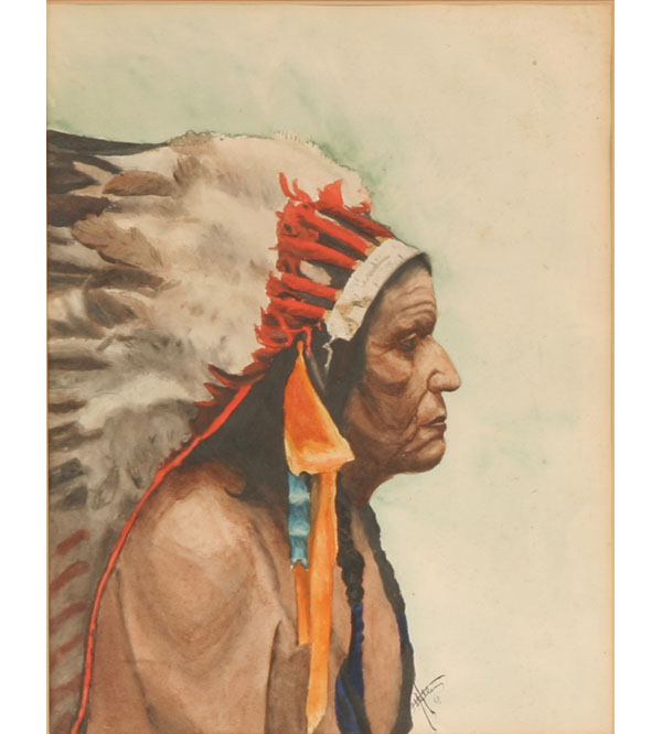 Appraisal: Profile portrait of Native American elder chief in full eagle