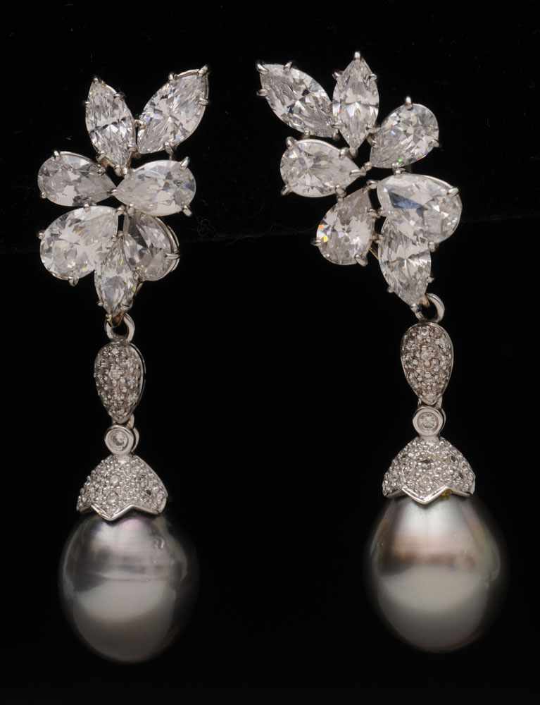 Appraisal: PAIR OF WHITE GOLD SIMULATED DIAMOND CULTURED PEARL AND DIAMOND