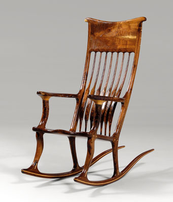 Appraisal: Hand-crafted rocking chair figured walnut large scale finely constructed figural