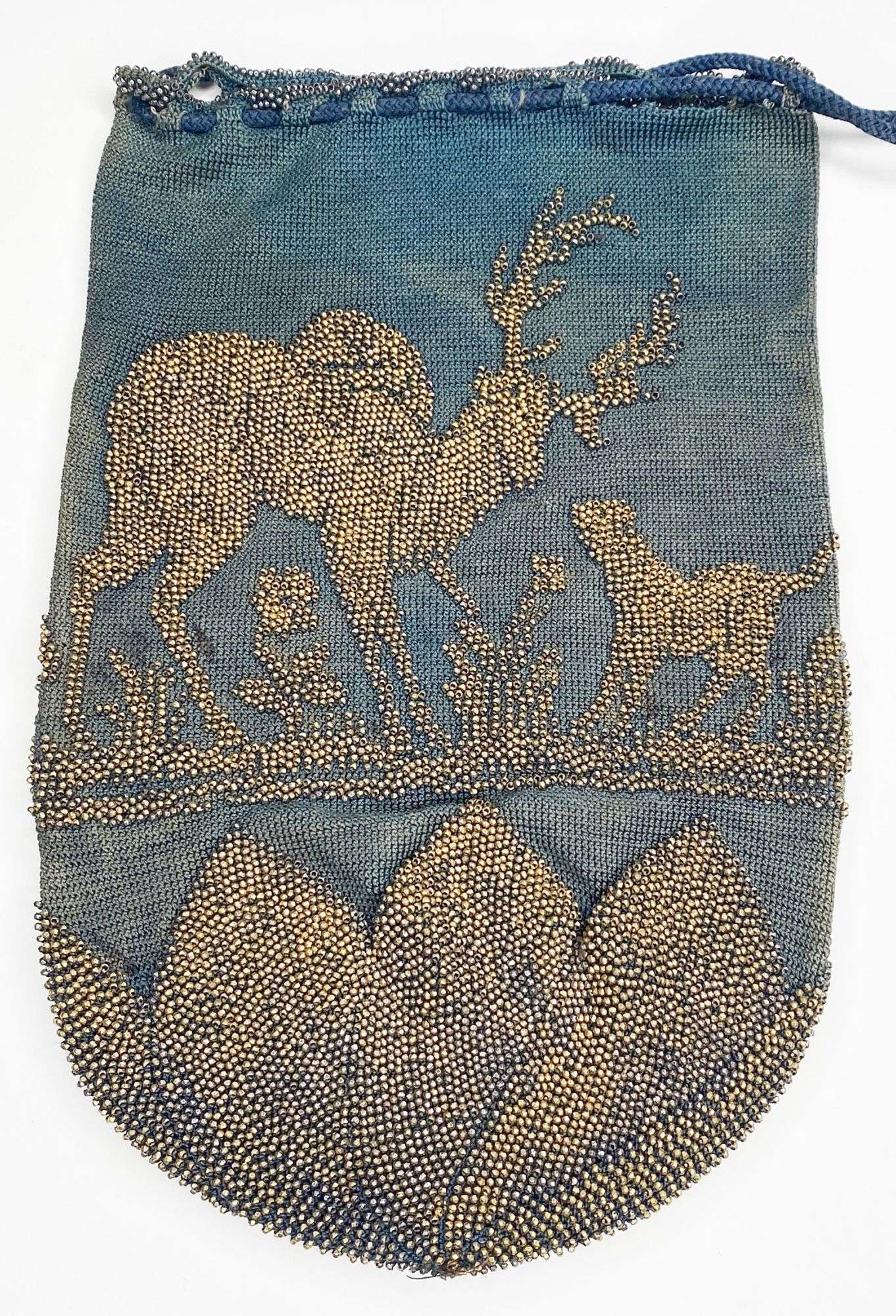 Appraisal: Steel Micro Beaded Draw Strin Bag with Stag and Dog