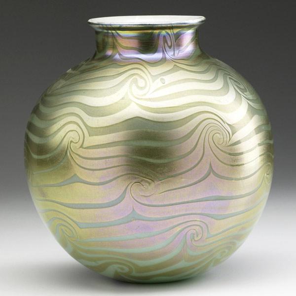 Appraisal: Green and gold iridescent glass vase in the style of